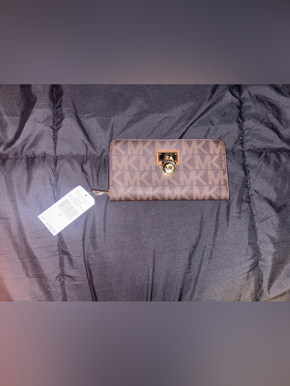 Michael Kors Brown MK Monogram Zip Wallet with Gold Hardware